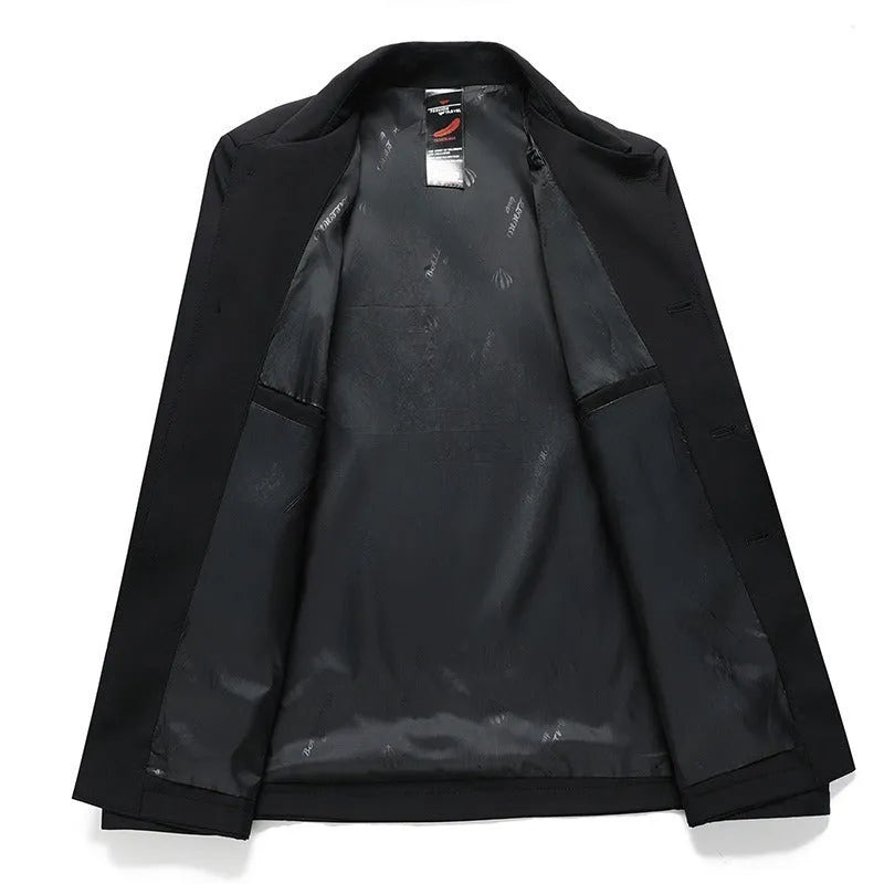 Men's business casual button-down lapel jacket in navy blue, slim fit, wrinkle-resistant, with long sleeves and side pockets.