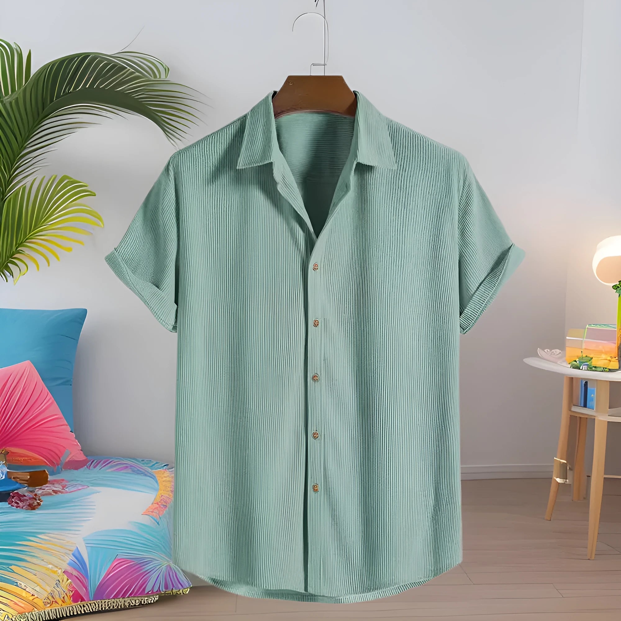 Casual short-sleeved men's cardigan shirt in polyester fabric available in multiple colours