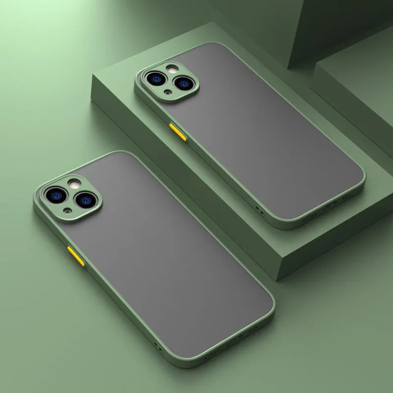Hard frosted iPhone protective case with full camera lens coverage shown in dark green.