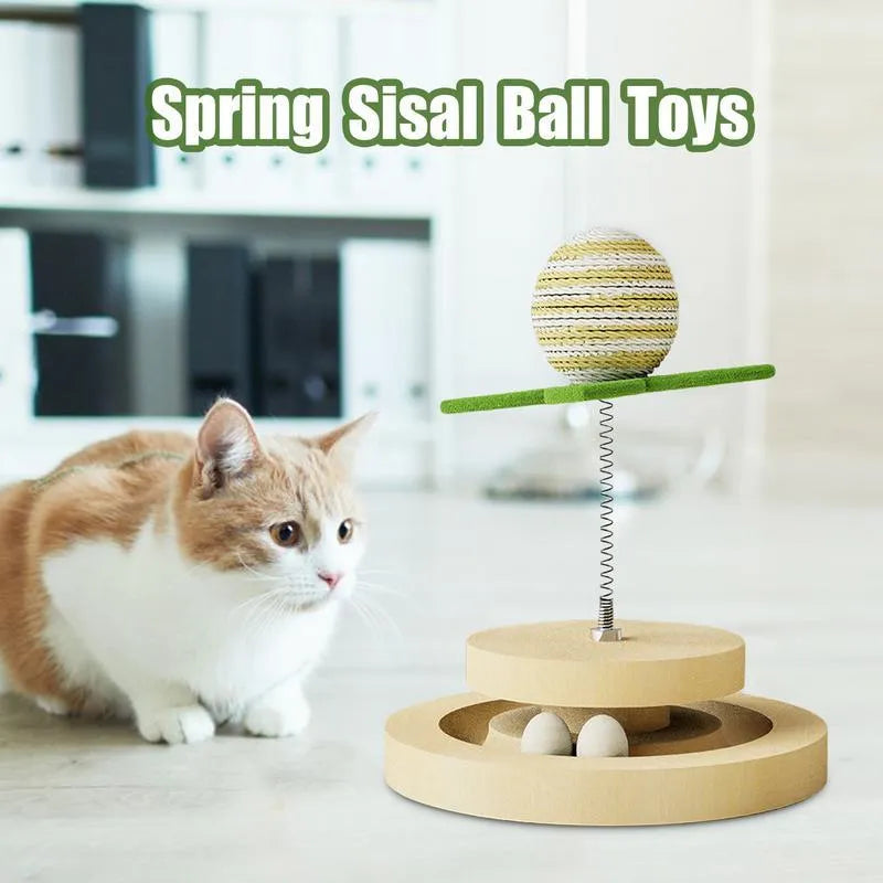 Green sisal cat toy with two-layer ball track and rotating spring ball mechanism