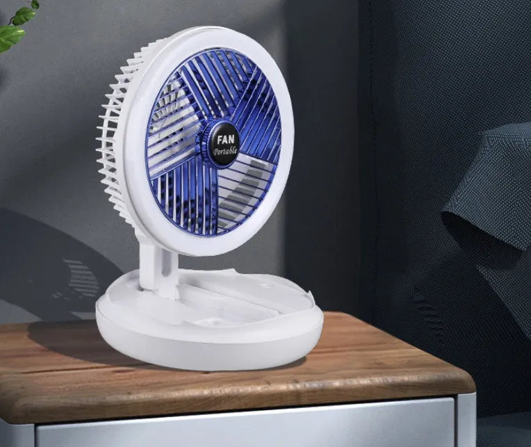 Blue foldable USB desk fan with LED light, shown in open position with 300° head tilt