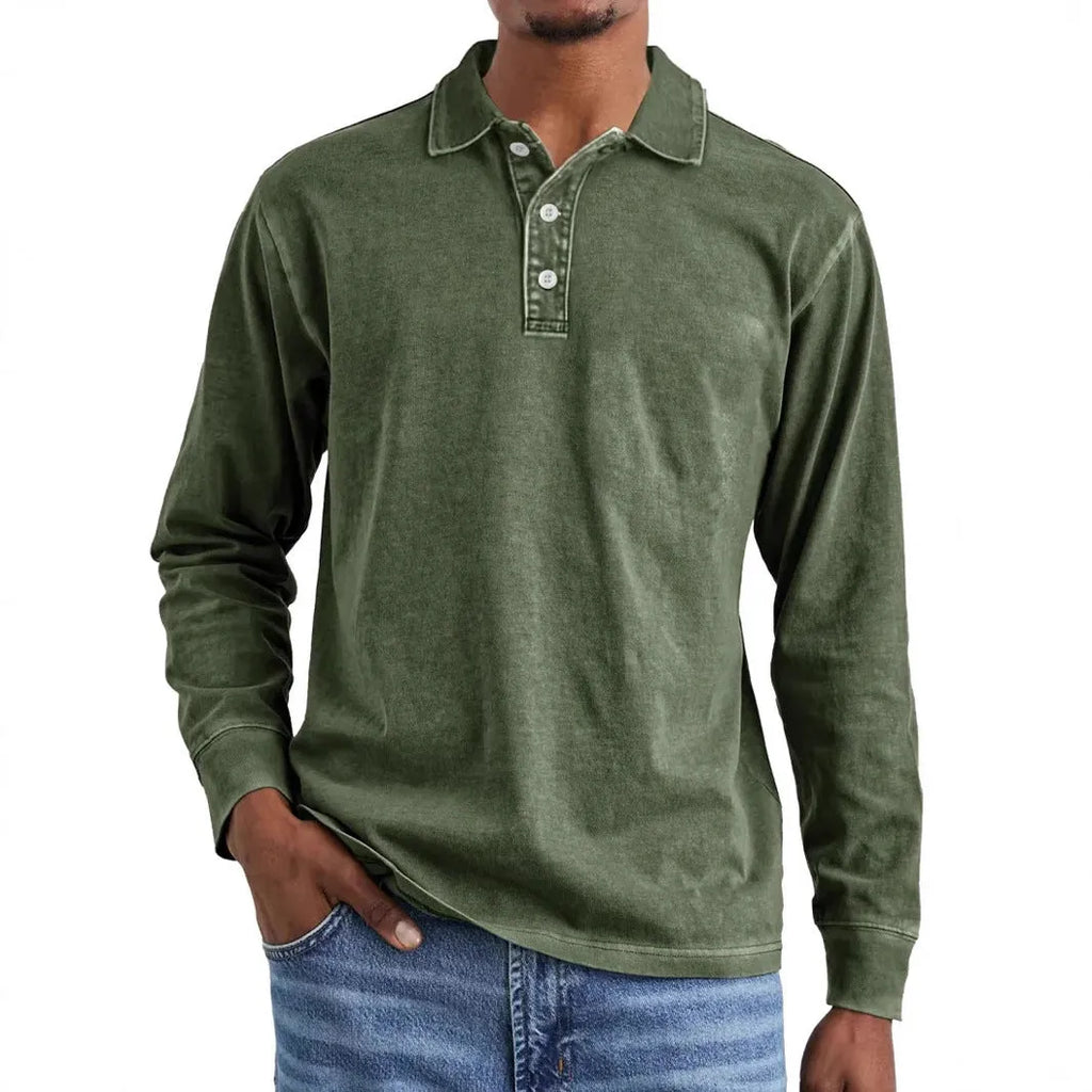 Man wearing a retro washed army green long sleeve polo shirt with a lapel collar and distressed detailing.