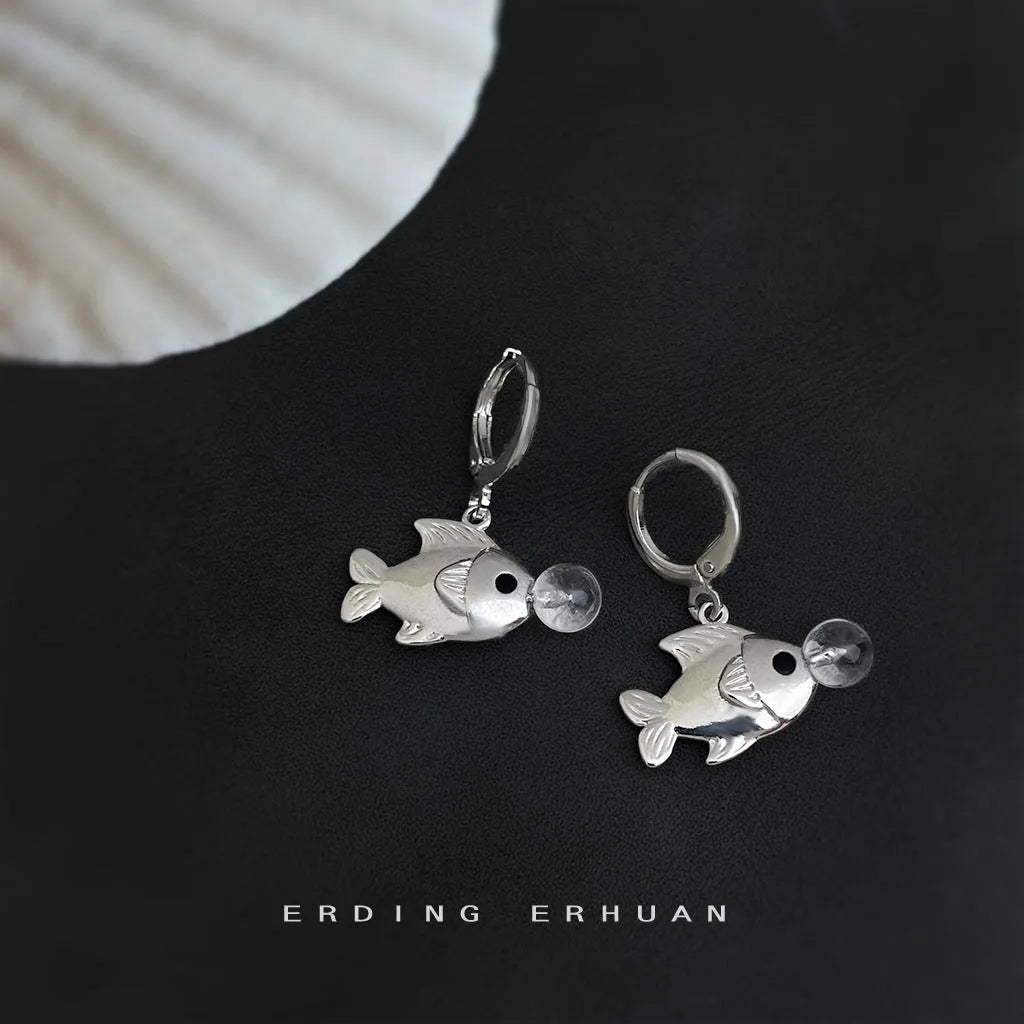 Pair of bubble fish earrings with goldfish design in electroplated copper