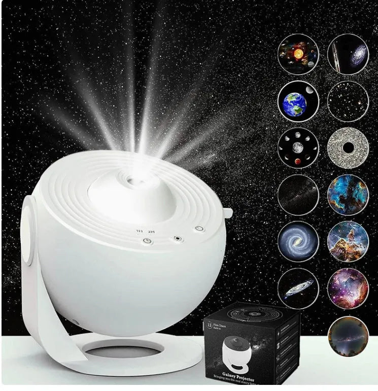 Black and white galaxy projector night light with 360-degree rotation, showing a starry sky film projection on a ceiling