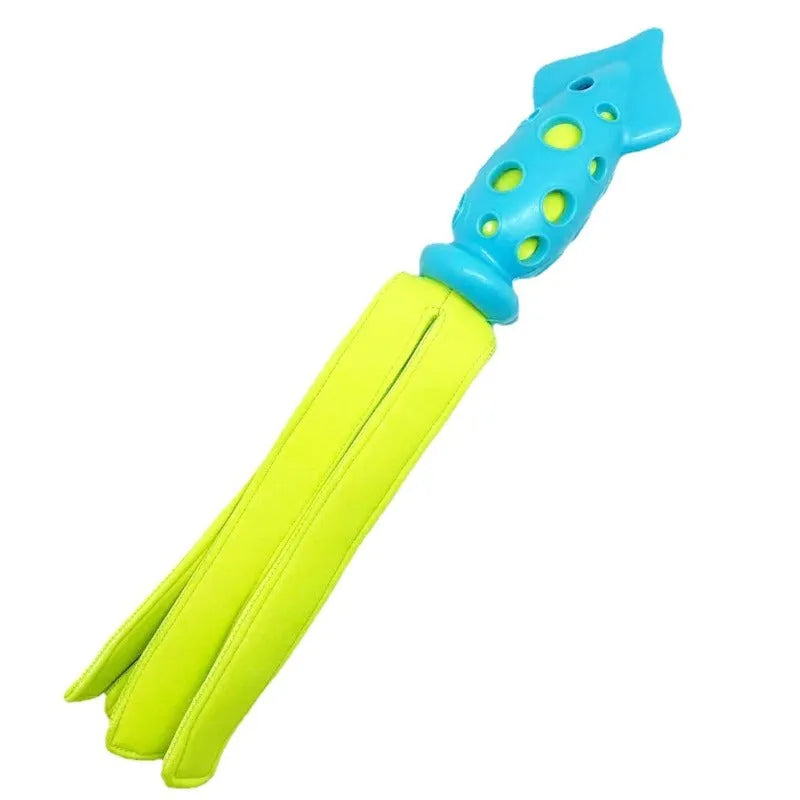 Blue cuttlefish-shaped squeaky chew toy for dogs measuring approximately 39 centimetres