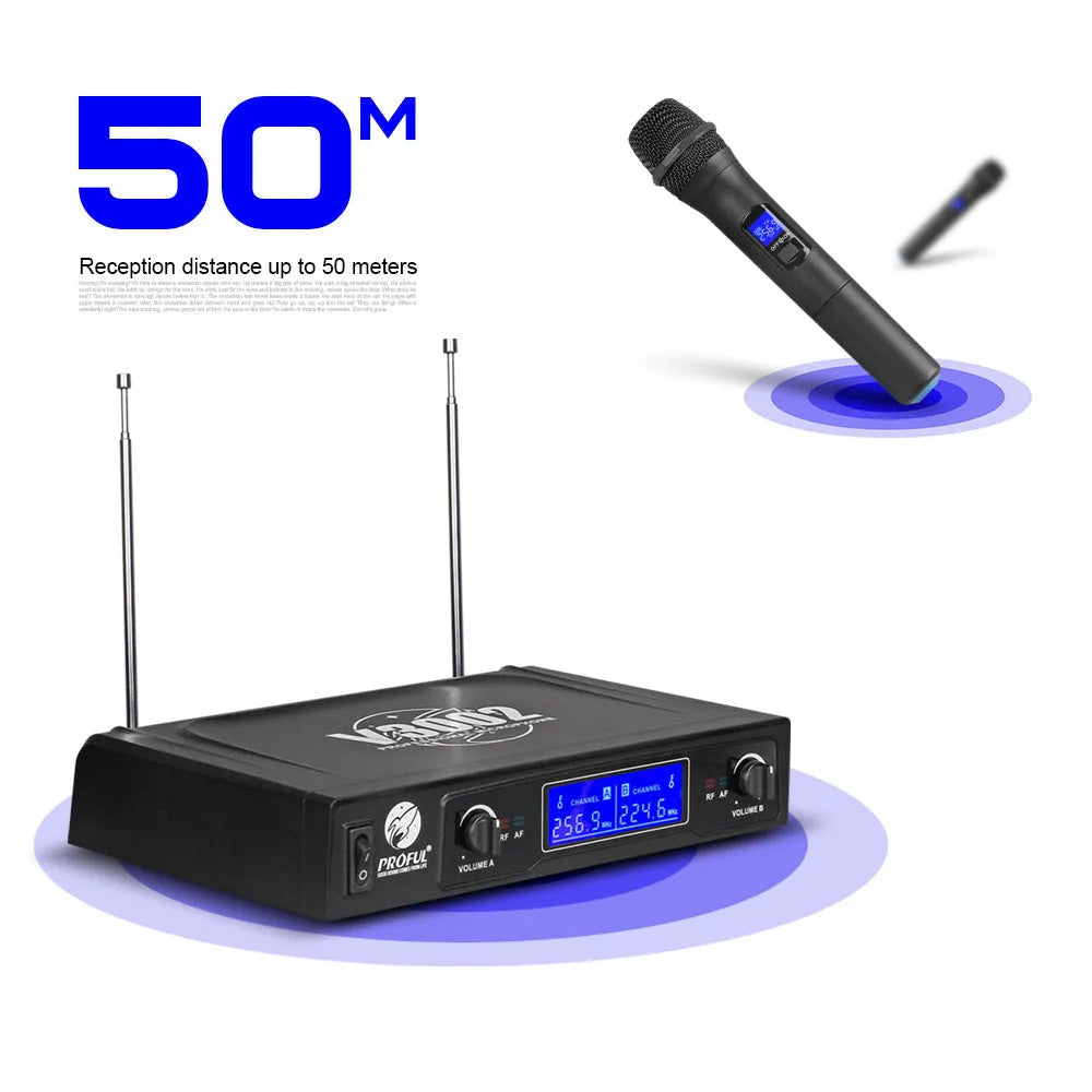 V-3002 dual handheld wireless microphone system with black microphones and compact transmitter unit