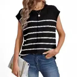 A woman's striped sleeveless pullover vest in acrylic fabric on a hanger, showing bone stitch detailing.