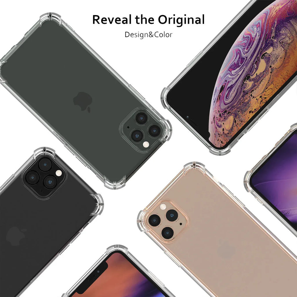 Clear transparent TPU shockproof iPhone case showing front and back views.