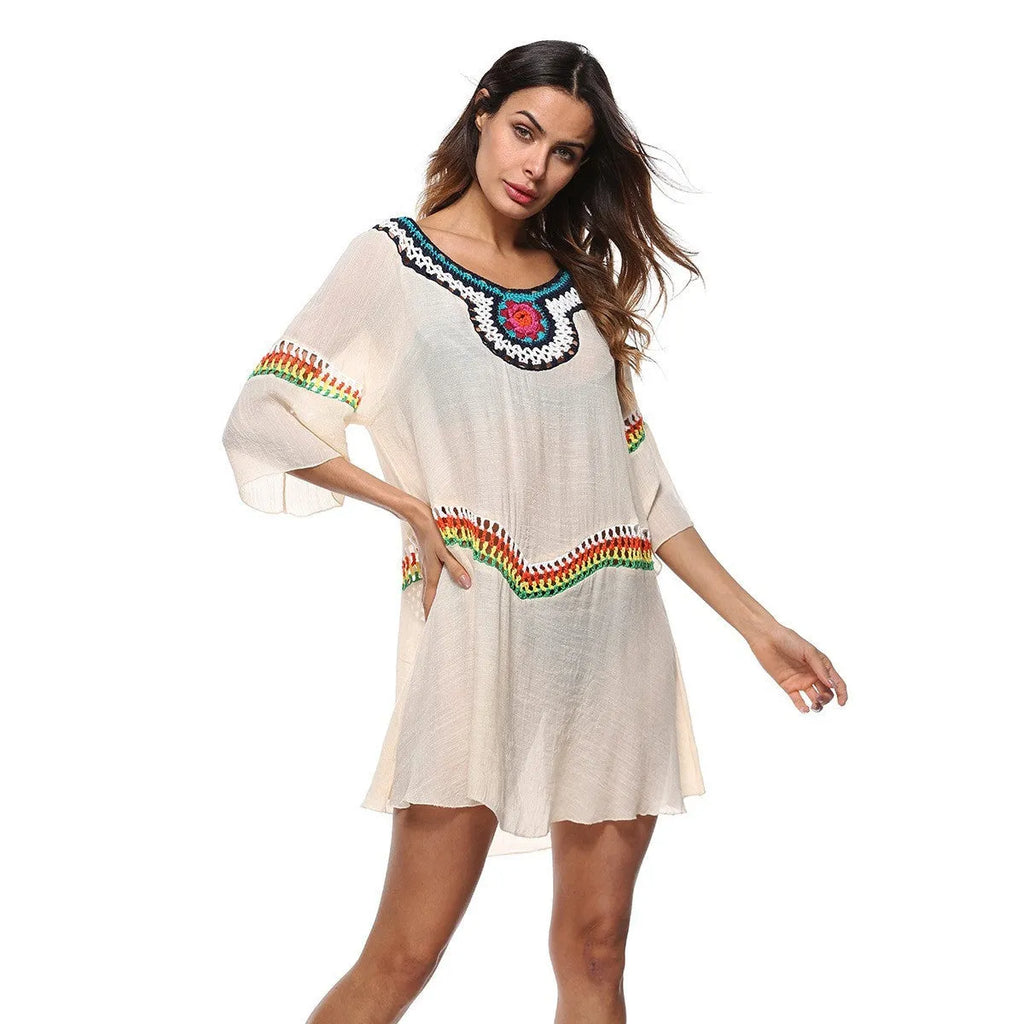 Crocheted ethnic style sun protection clothing for women in polyester beach wear