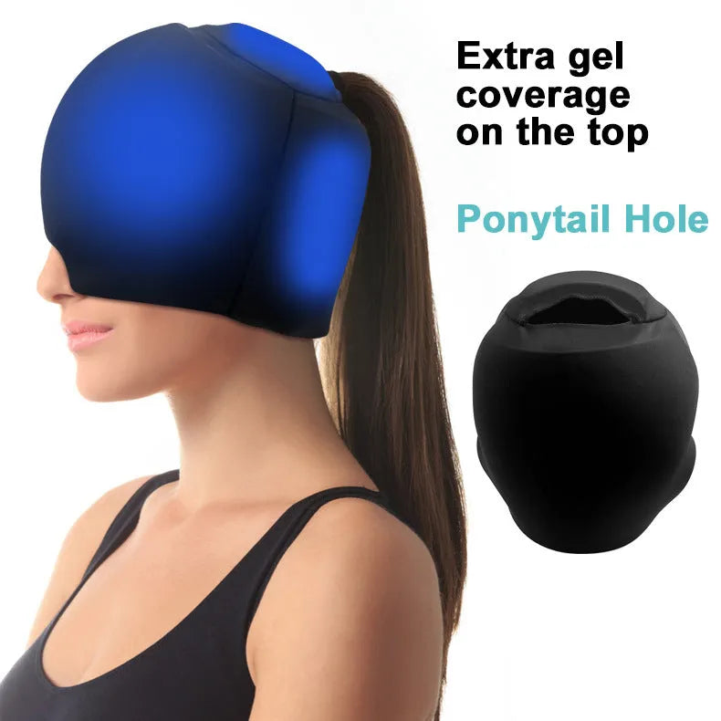 Simple solid colour cold compress cap in black, pink, or dark blue with enclosed design.