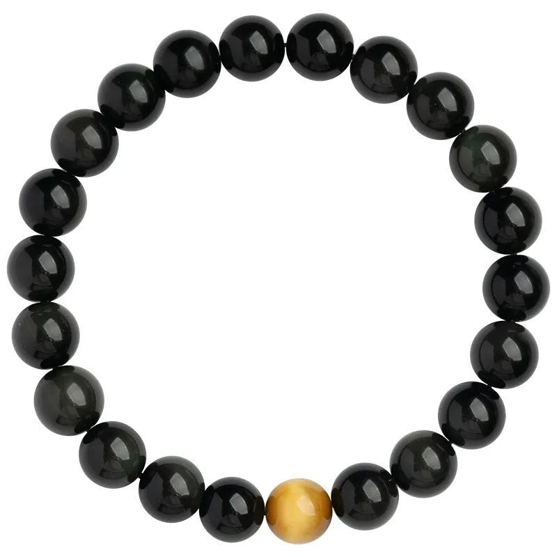 Black polished obsidian geometric bracelet with 10mm beads, Korean unisex style.