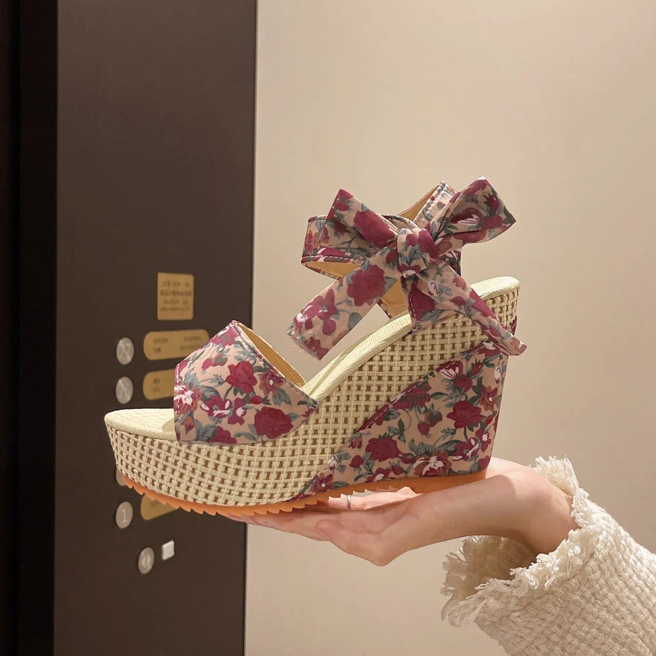 Women's floral print wedge sandals with ankle strap buckle and peep toe