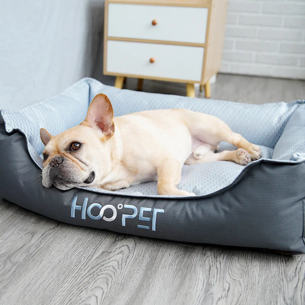 Soft grey pet bed with removable cover in small, medium, and large sizes for dogs and cats