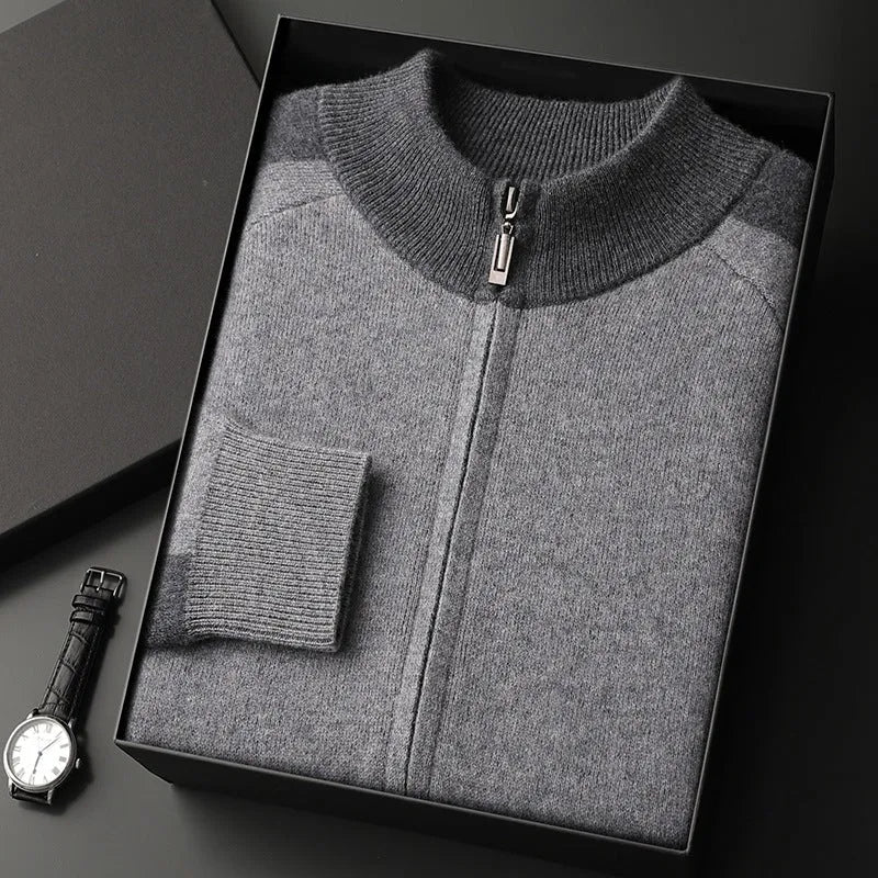 Men's camel cashmere blend half turtleneck zip cardigan and matching trousers sports suit