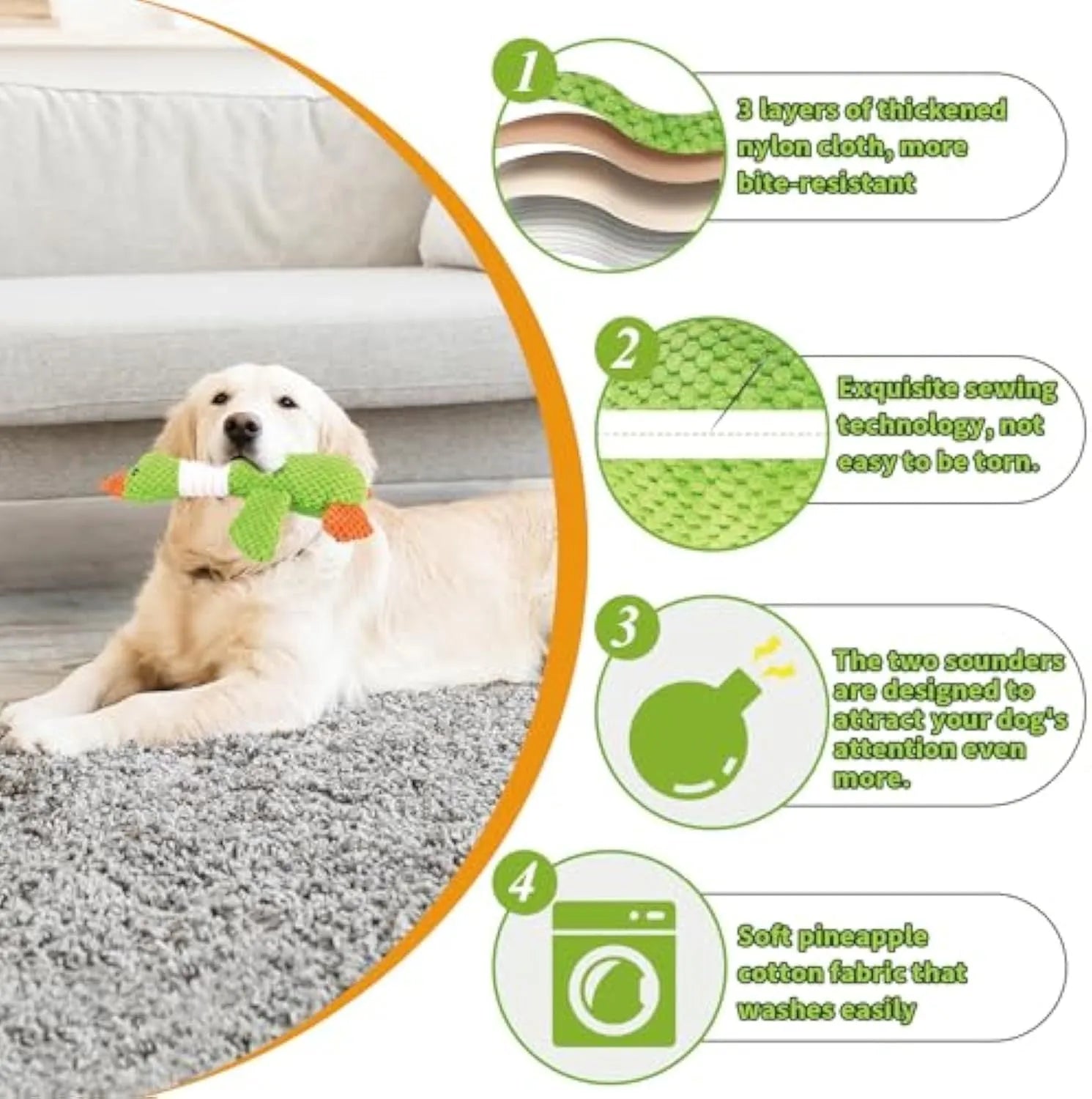 Blue duck-shaped plush dog toy with squeakers for chewing and interactive play