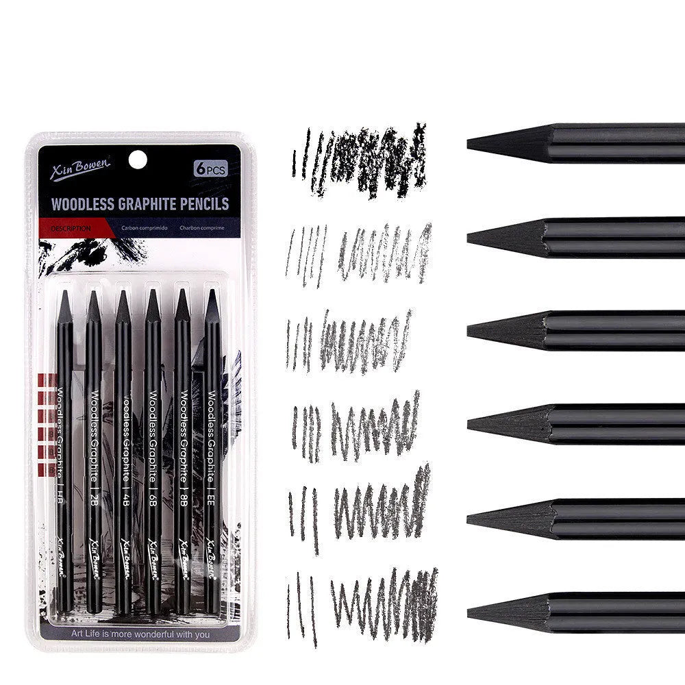 Set of six wood-free graphite sketching pencils with grades HB 2B 4B 6B 8B EE for art.