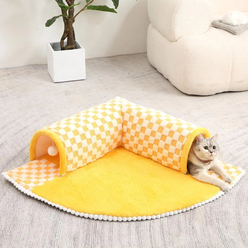 XL fan-shaped plush pet bed tunnel in a plaid pattern, showing a thick mat and tunnel opening.