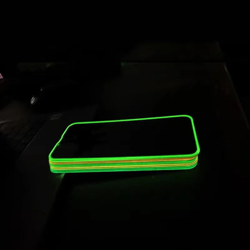 Fluorescent tempered glass full cover screen protector for iPhone in pink, yellow, green, blue, and grass green colours.