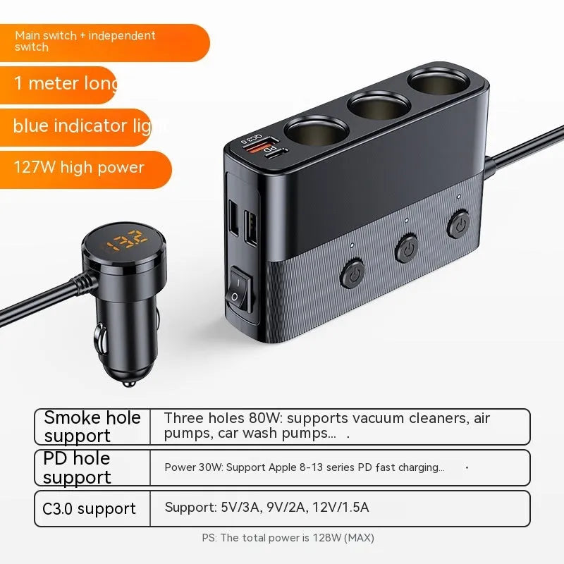 C28 black vehicle cigarette lighter adapter with USB, PD and QC3.0 charging ports