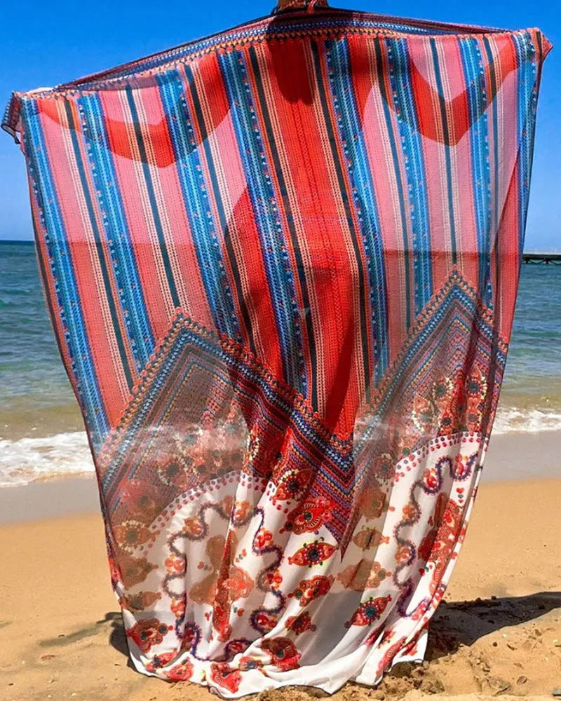 Women's three-piece swimsuit set showing high-waist briefs, a cutout blouse, and a matching coat in polyester.