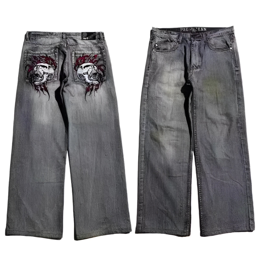 Men's grey washed-out straight-leg jeans with wide-leg workwear design.