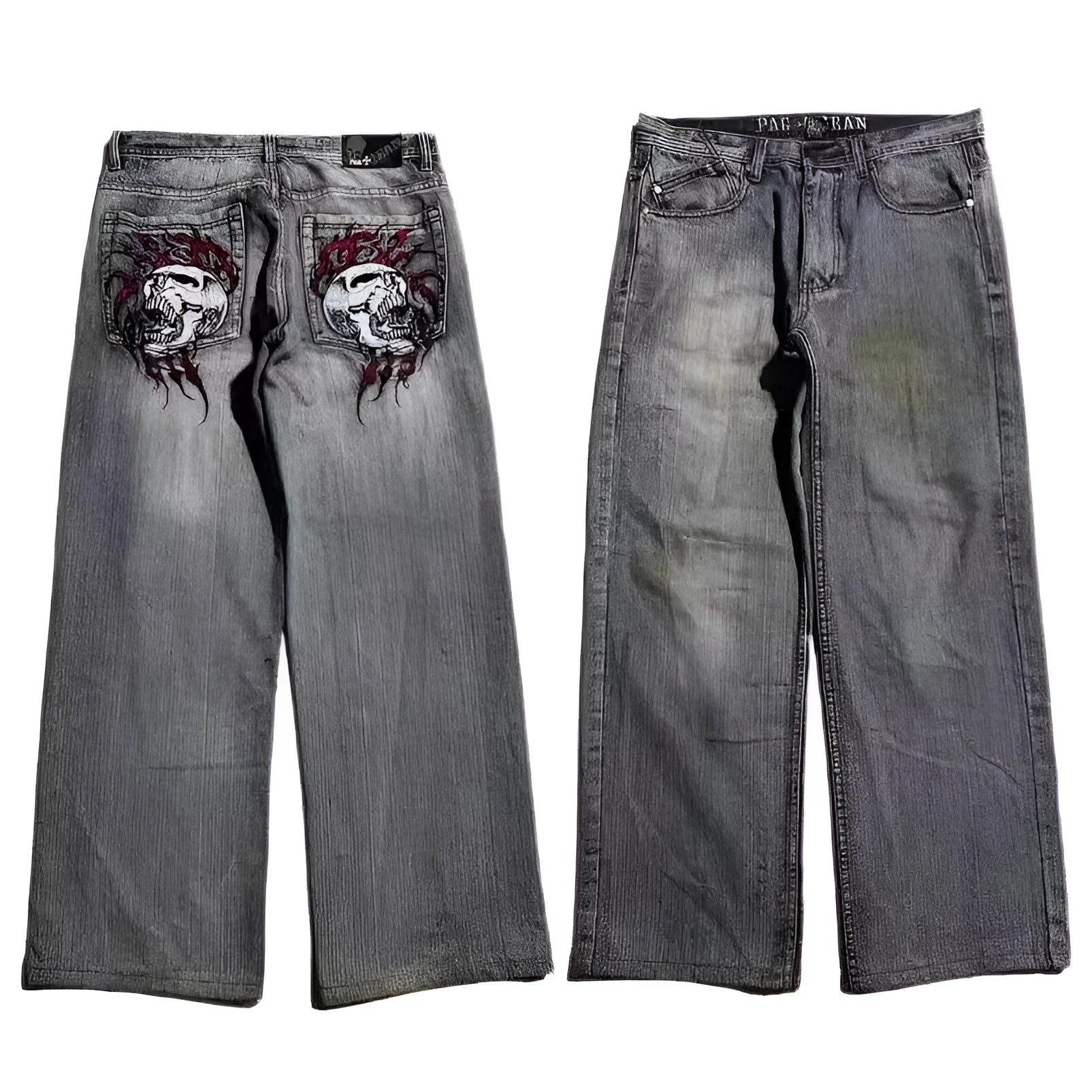 Men's grey washed-out straight-leg jeans with wide-leg workwear design.