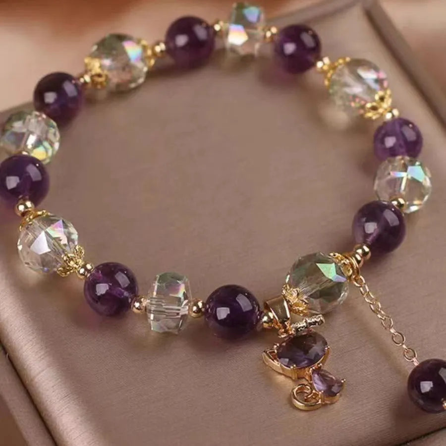 Natural amethyst fox pendant crystal bracelet with purple flower charm and antique styling