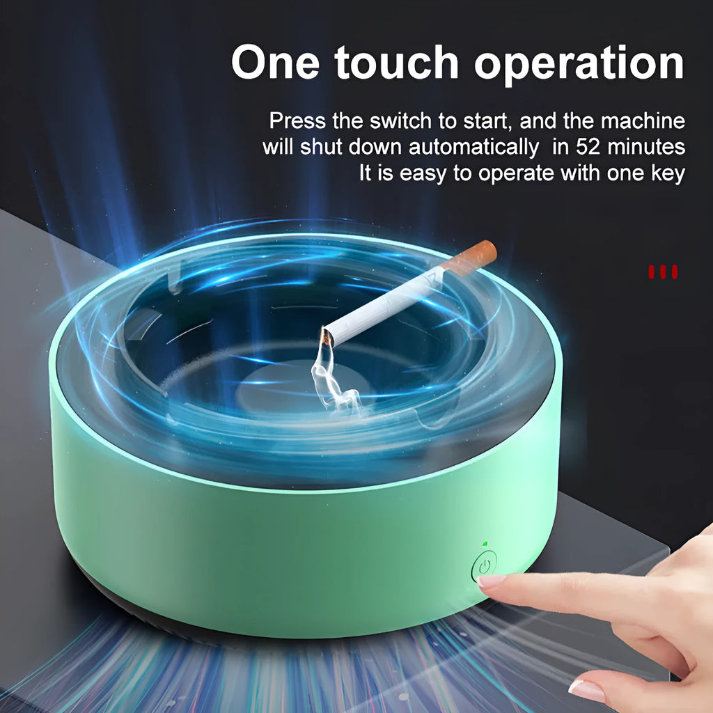 Grey intelligent electronic air purifier ashtray on a table with cigarette