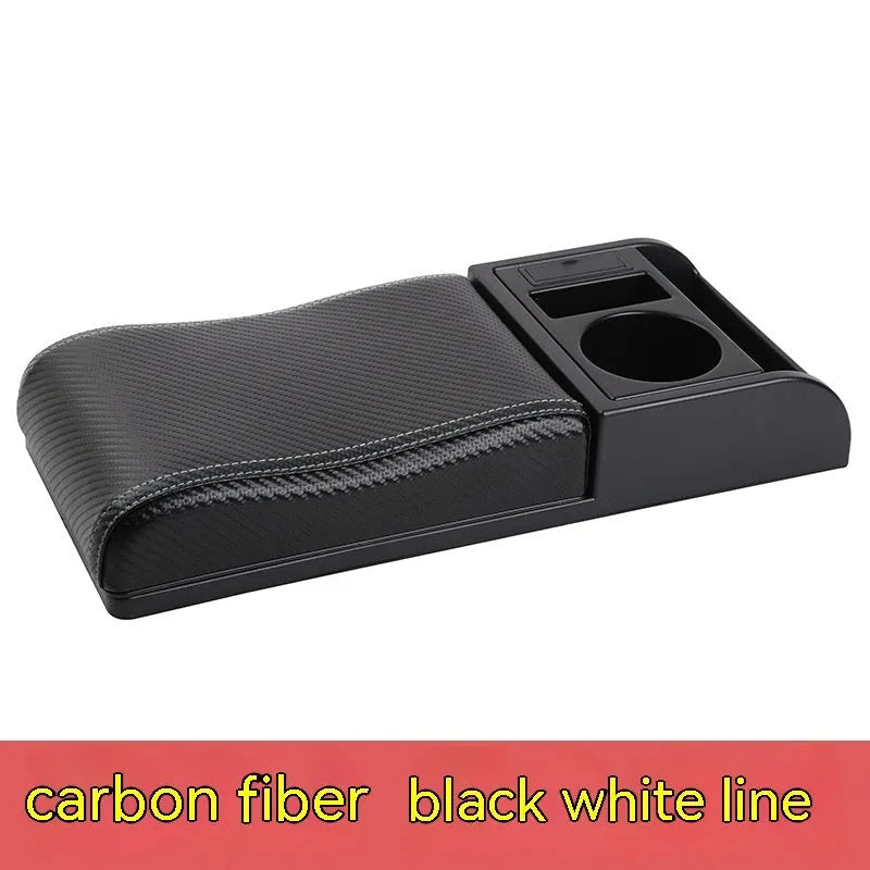 Universal plastic car armrest cover in PU leather black with red accent lines, shown on a centre console.