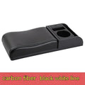 Universal plastic car armrest cover in PU leather black with red accent lines, shown on a centre console.