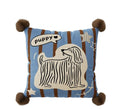 Cartoon printed cushion pillow with cute animal design on a sofa, showing blue colour and square shape.