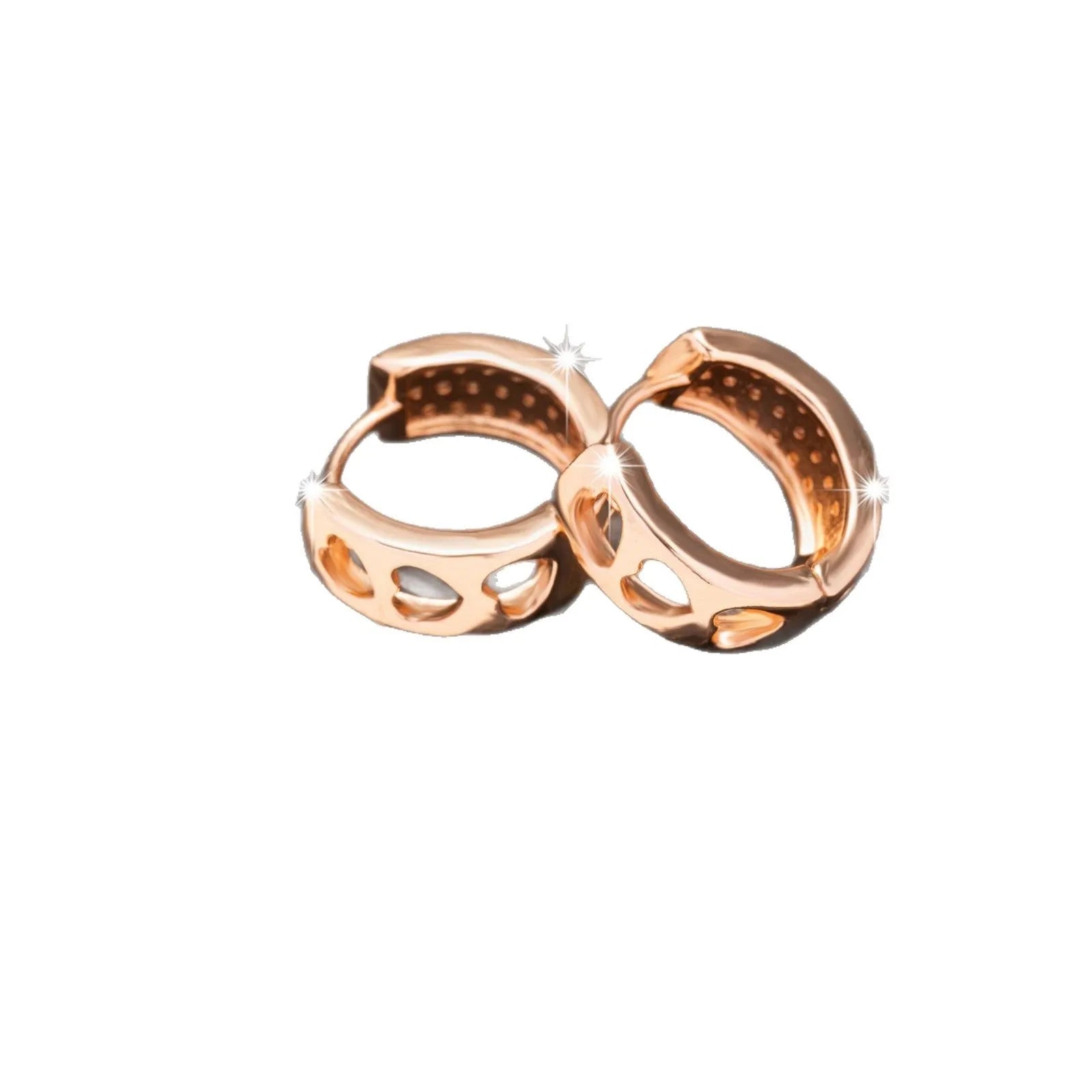 A pair of circular rose gold women's earrings with a three-heart hollowed-out design.