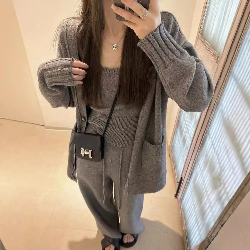 Women's knit cardigan vest suspender pants three-piece set in light coffee colour