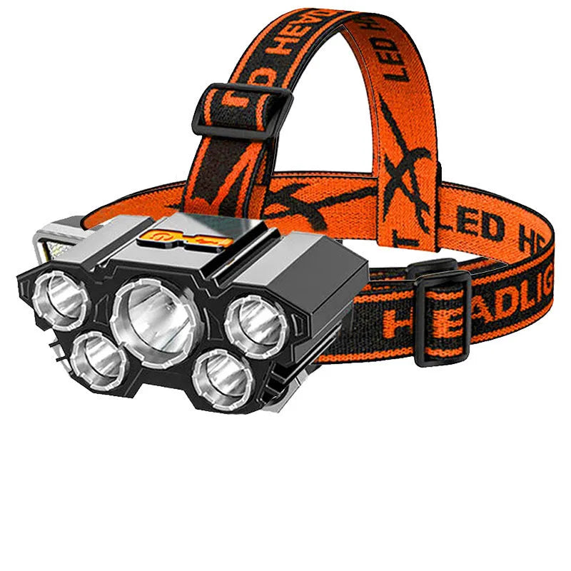 Head-mounted LED miner's lamp flashlight with head strap, 10W power rating, and rechargeable battery