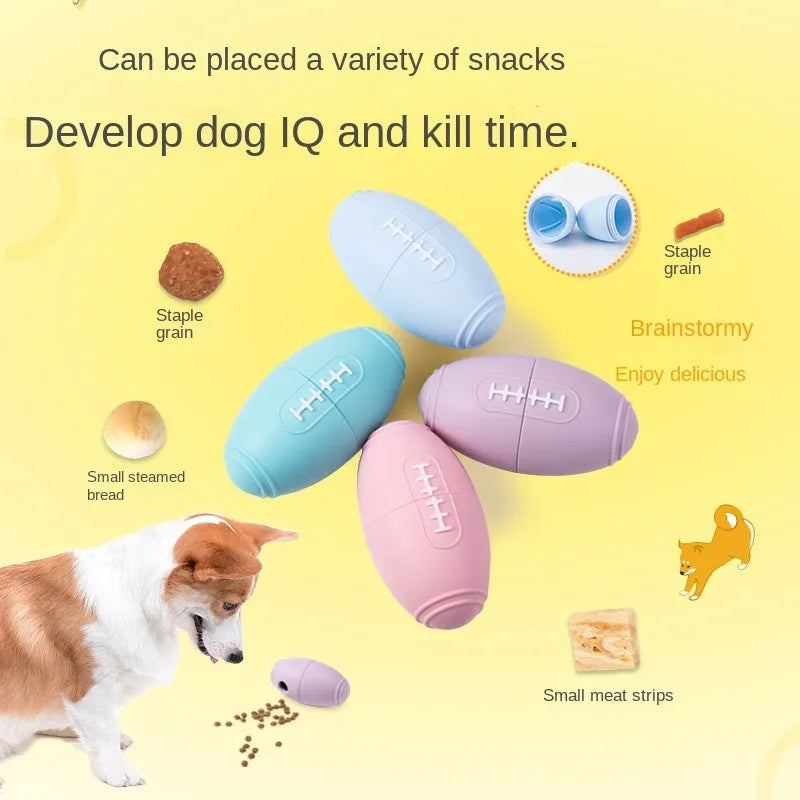 Silicone rugby ball dog toy with treat holes in blue colour