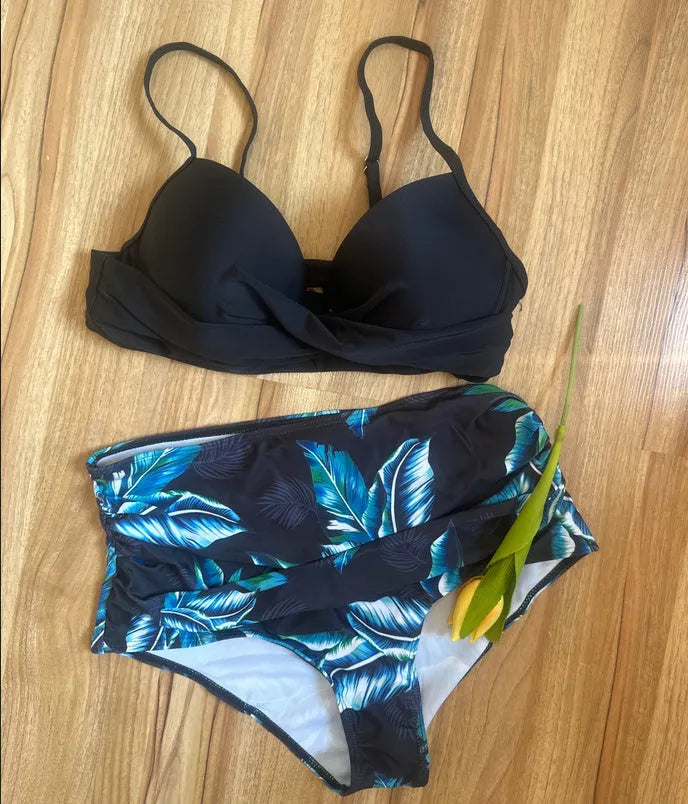 Yellow high-waisted bikini set with steel bracket push-up bra and floral print split briefs.