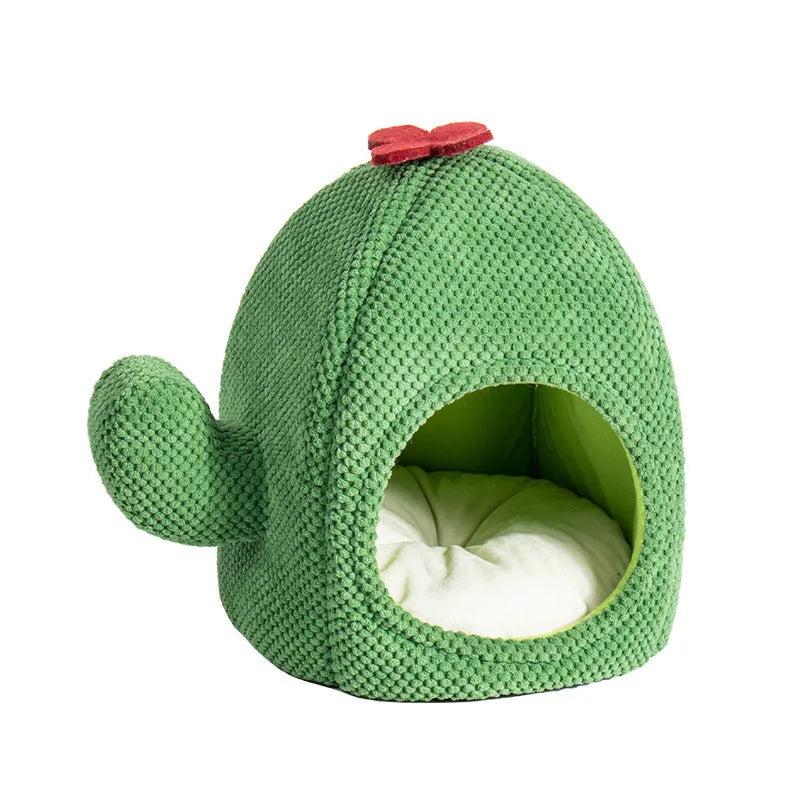 Dark green enclosed tent-style cat bed with soft interior mat for kittens and small dogs