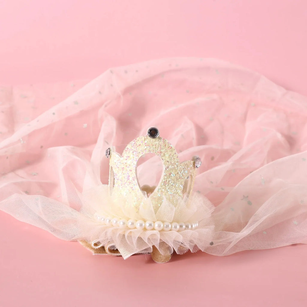 Pet princess crown headdress with veil in cotton polyester material, beige and pink colour options