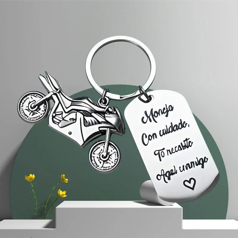 Stainless steel motorcycle keychain with metal key ring and grey flannel storage bag