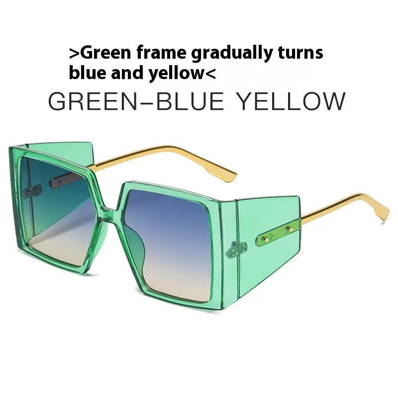 A pair of large square frame sunglasses in a selection of colours including black, blue, and champagne.