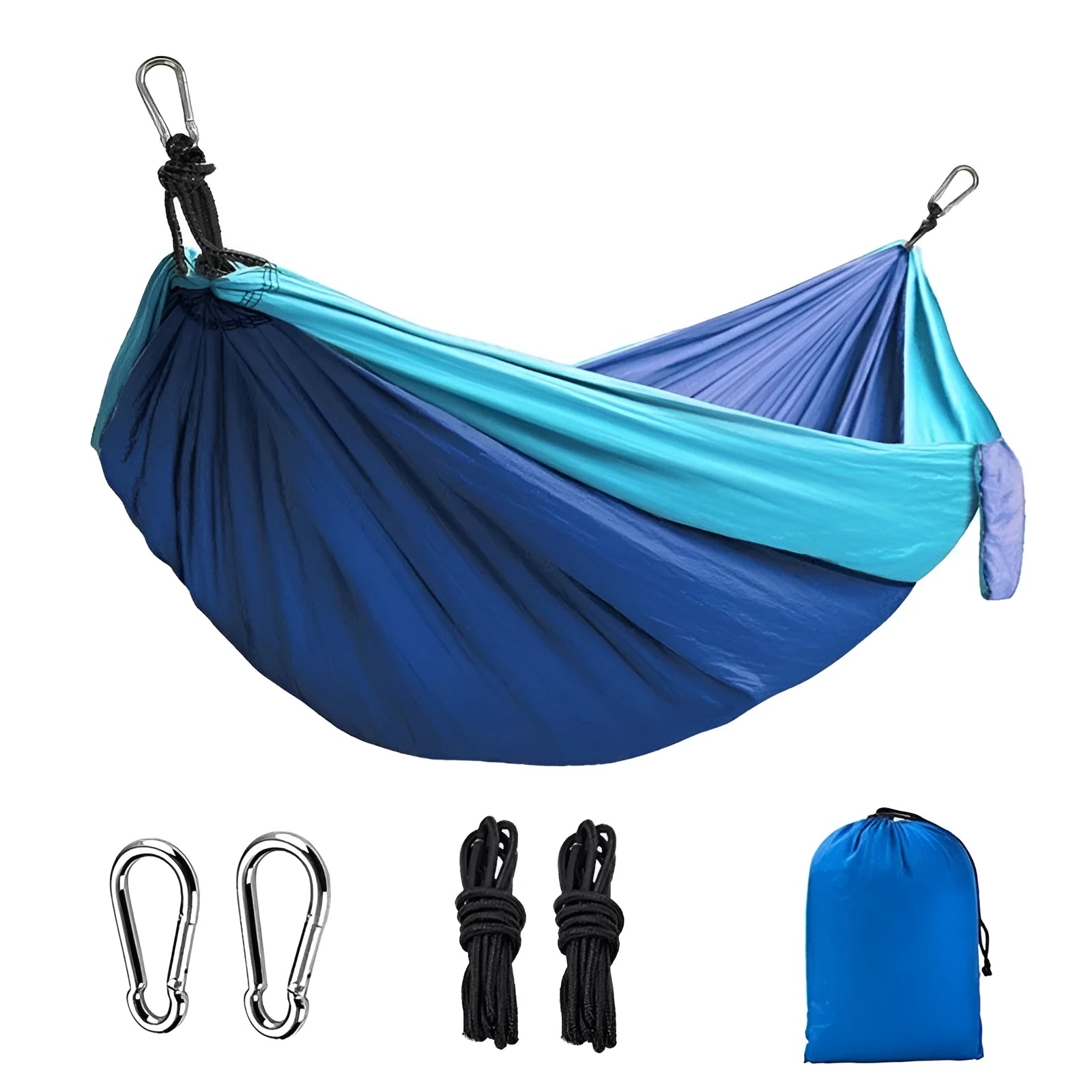 Blue parachute nylon outdoor hammock hung between two trees