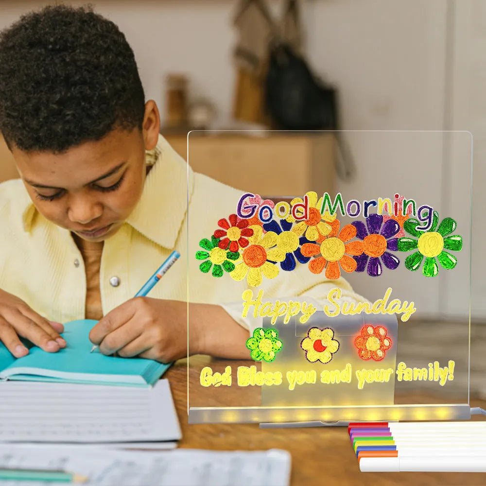 Transparent acrylic reusable LED drawing board with USB light and adjustable stand, showing rainbow drawing