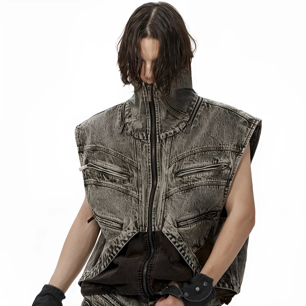 Men's denim vest with zipper front and sleeveless design in cotton fabric