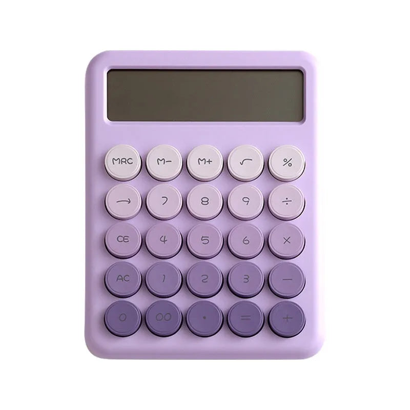 Desktop calculator with colourful gradient design in violet, cherry blossom, blue, and mint green tones