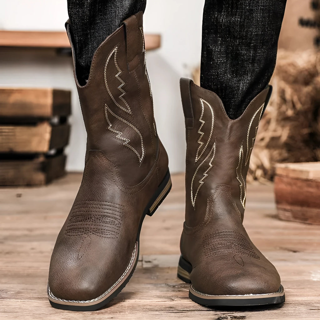 Men's retro western cowboy worker boots in brown, round toe PU leather with rubber sole, side view