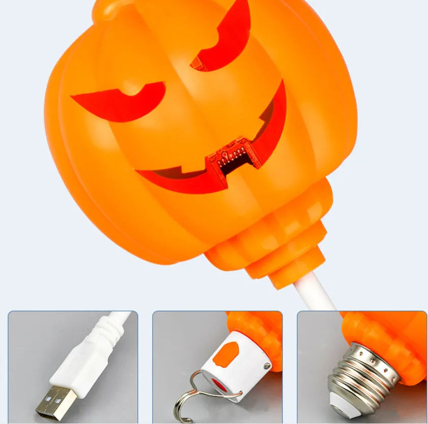 Pumpkin-shaped decorative lamp with USB cable for Halloween and autumn lighting in yellow or purple colours