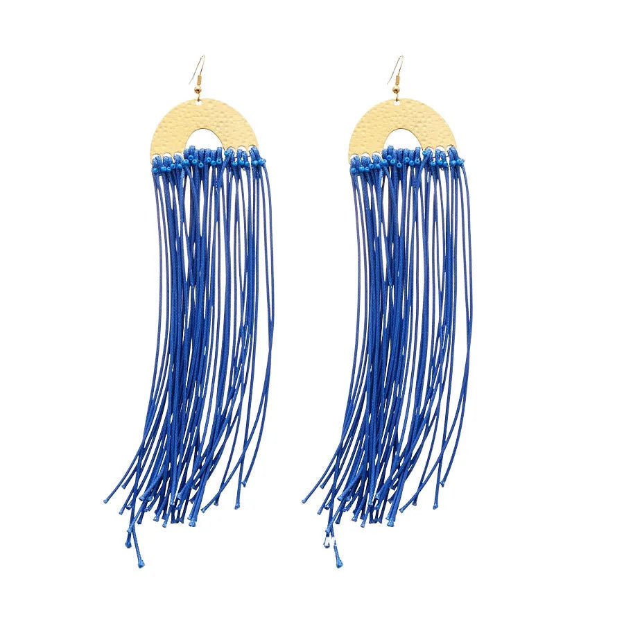 Women's geometric fabric earrings with blue resin flowers on round silver needle cloth base