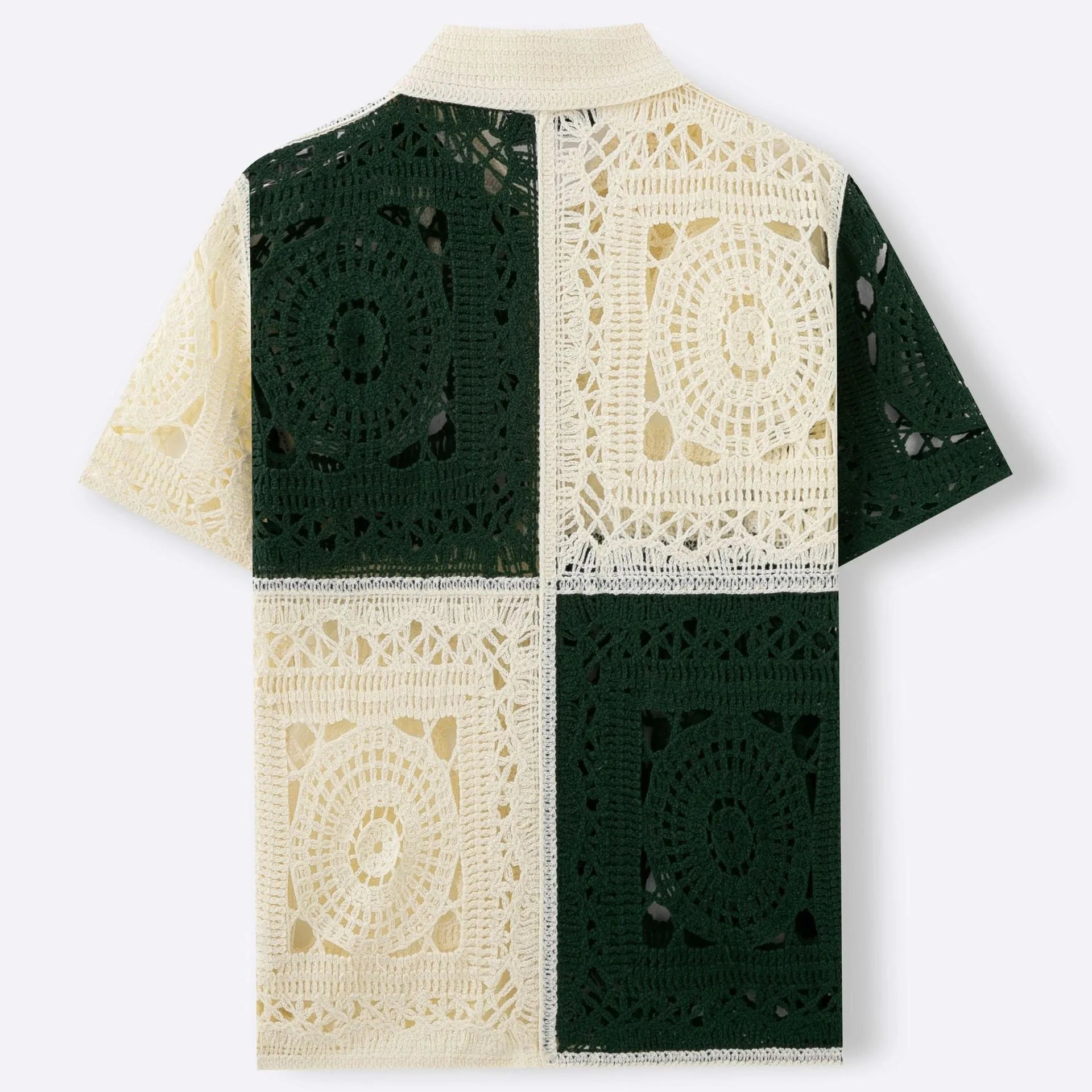 Beige men's knitted shirt with colourblock pattern and flocking detail on short sleeves.