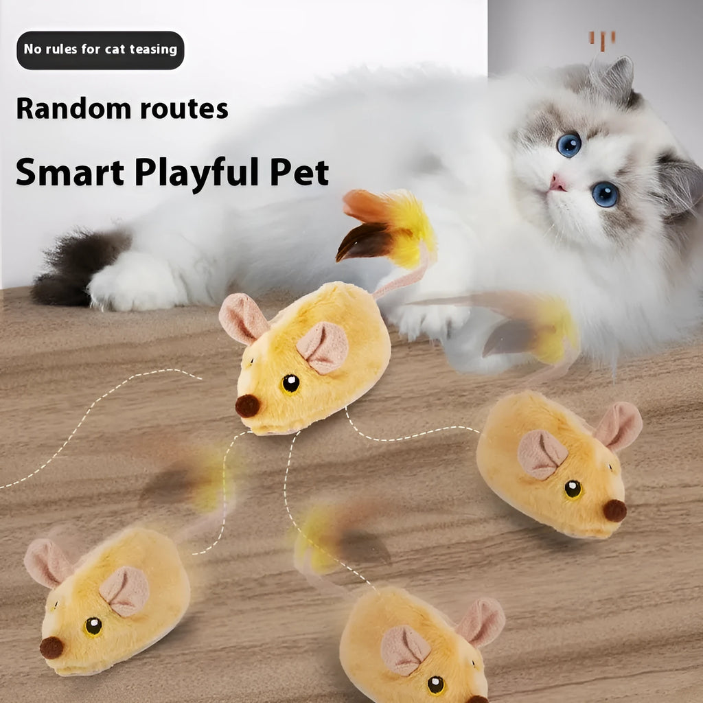 Grey and yellow plush simulation mouse cat toys with remote control on wooden floor