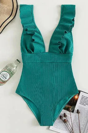 Women's one-piece swimsuit with ruffled shoulders, adjustable straps and back lace design in solid colour